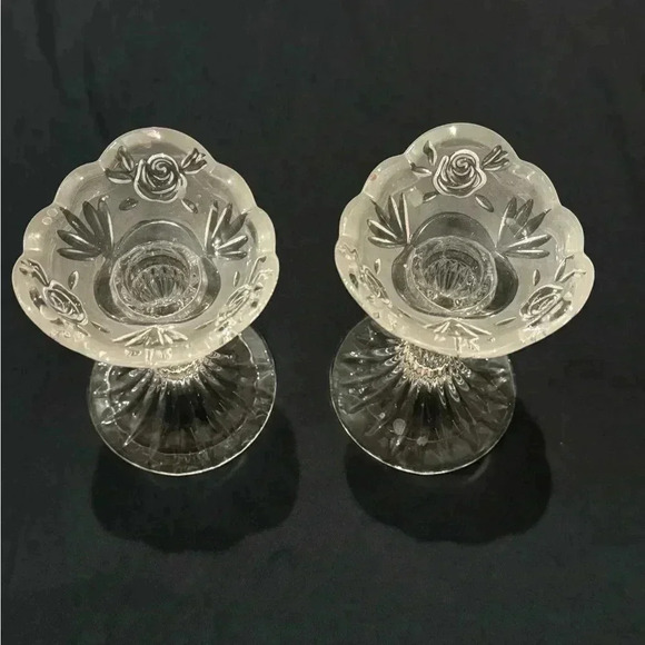 Vintage Rose Cottage Frosted Etched Glass Candlesticks Grannycore Cottagecore - Picture 11 of 13